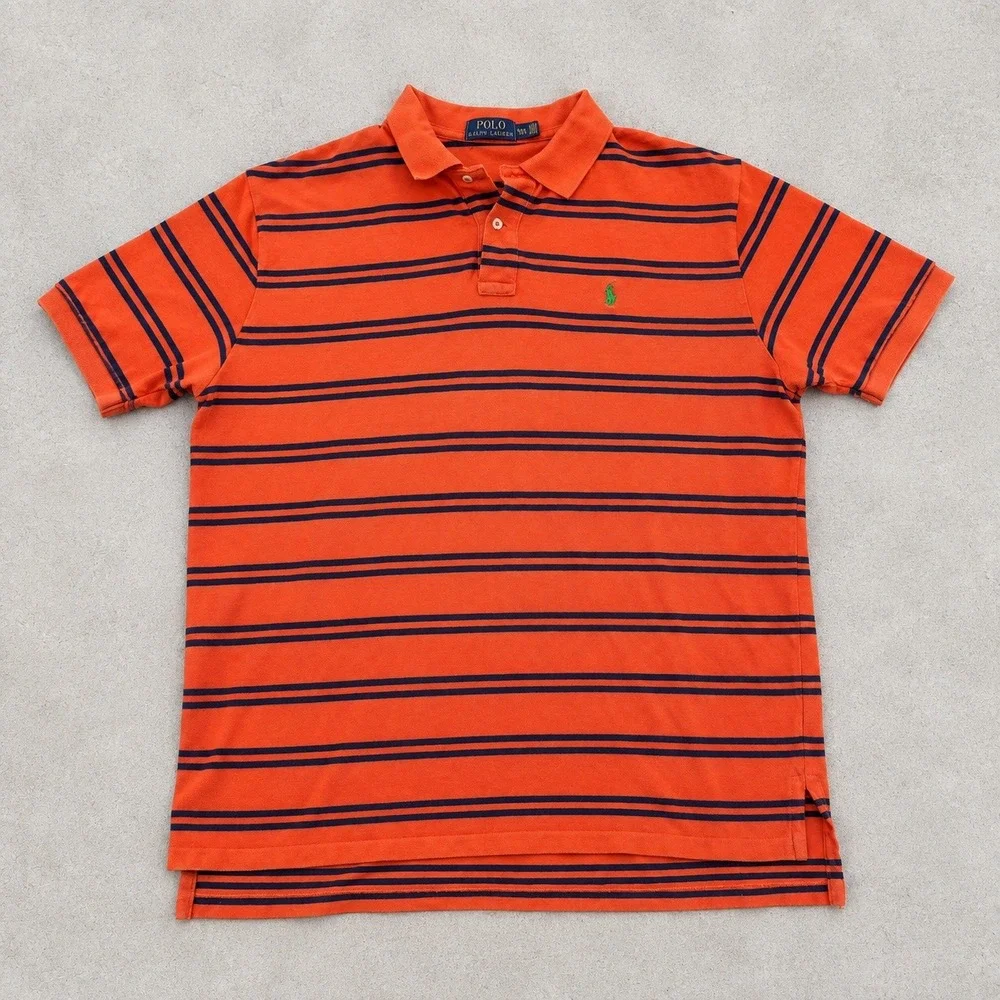 Polo Ralph Lauren Mens XXL Orange Navy Blue Striped Short Sleeve Polo Shirt